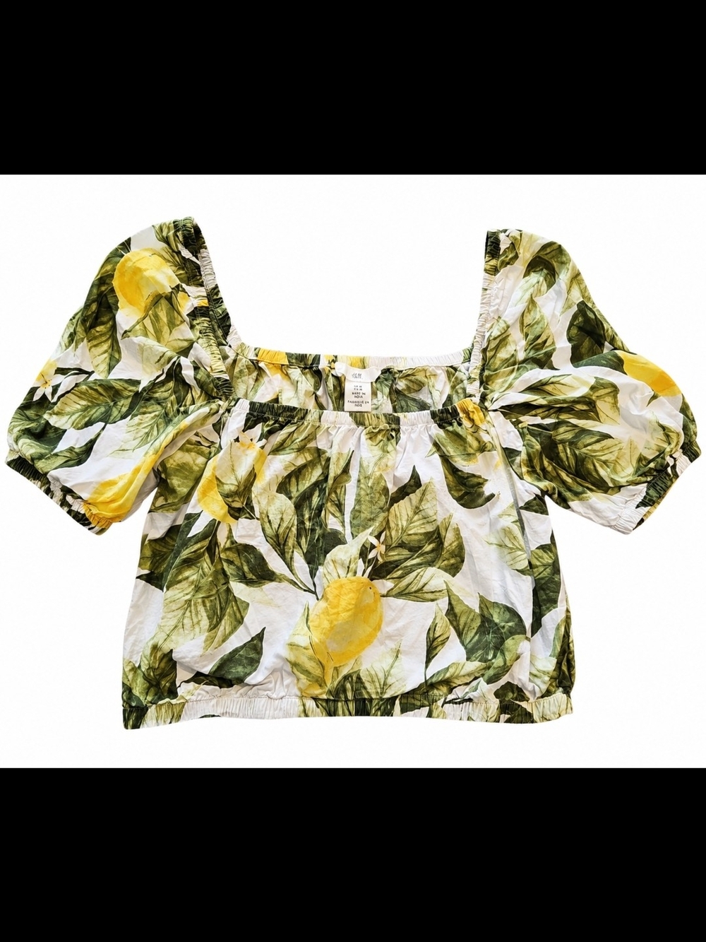 H&M Lemon Print Off-Shoulder Crop Top - White, Green & Yellow